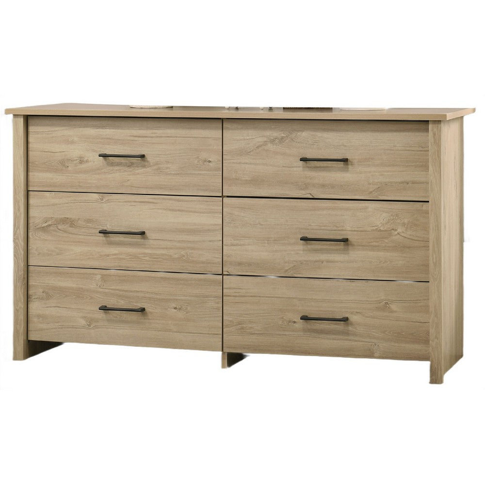 Kele Wide Dresser | 6 Drawers w Black Handles | Light Oak Brown