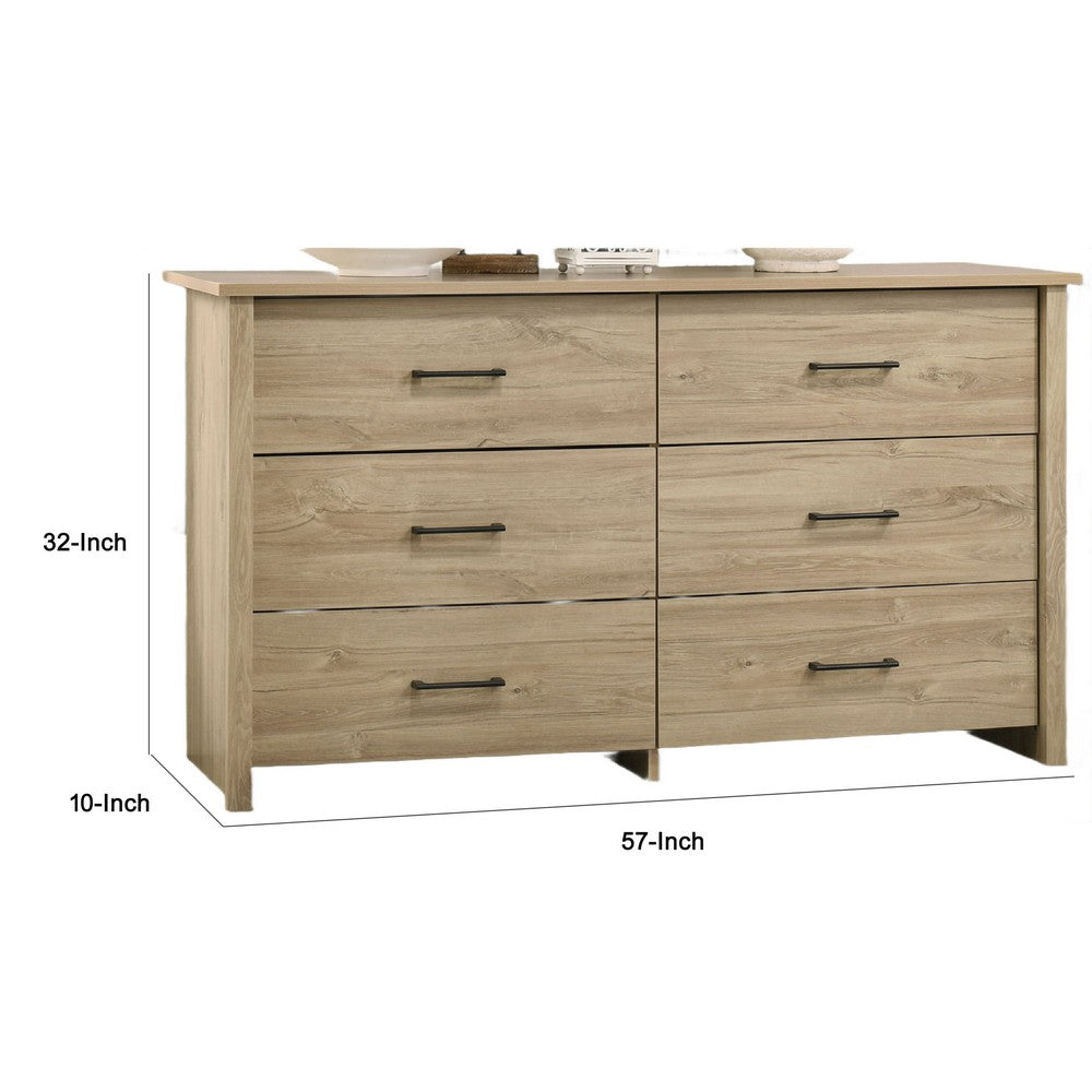 Kele Wide Dresser | 6 Drawers w Black Handles | Light Oak Brown