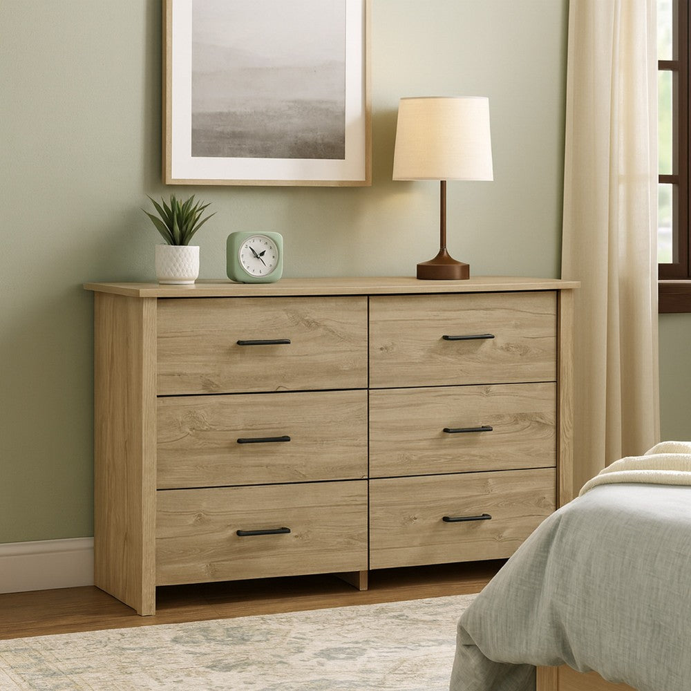 Kele Wide Dresser | 6 Drawers w Black Handles | Light Oak Brown
