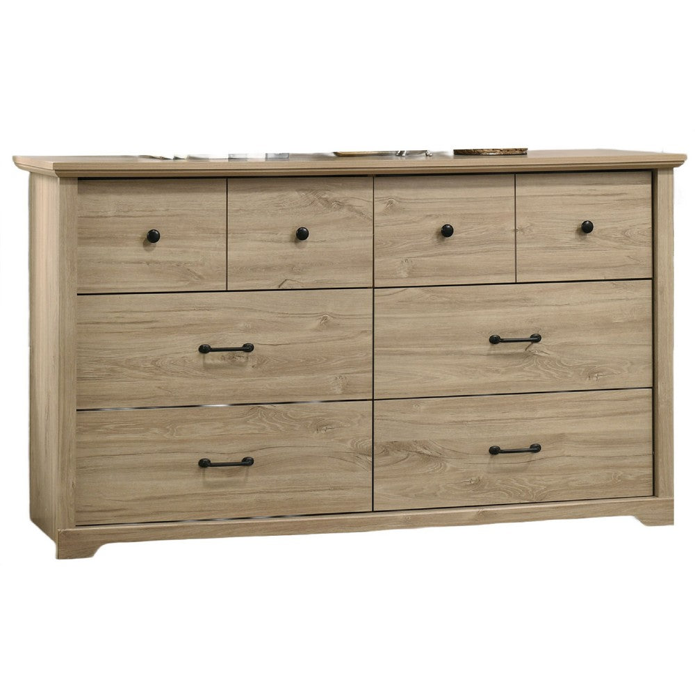 Lara Wide Dresser | 6 Drawer w Black Handles | Farmhouse Light Oak Brown