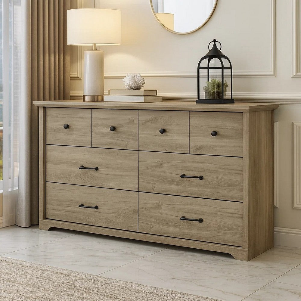 Lara Wide Dresser | 6 Drawer w Black Handles | Farmhouse Light Oak Brown