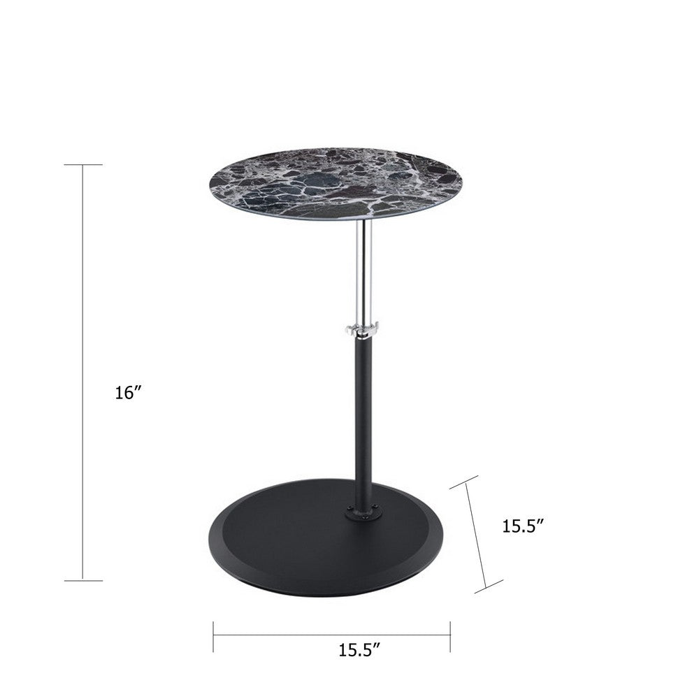 Ory Side End Table | 16" Round Black Glass Top w Adjustable Height