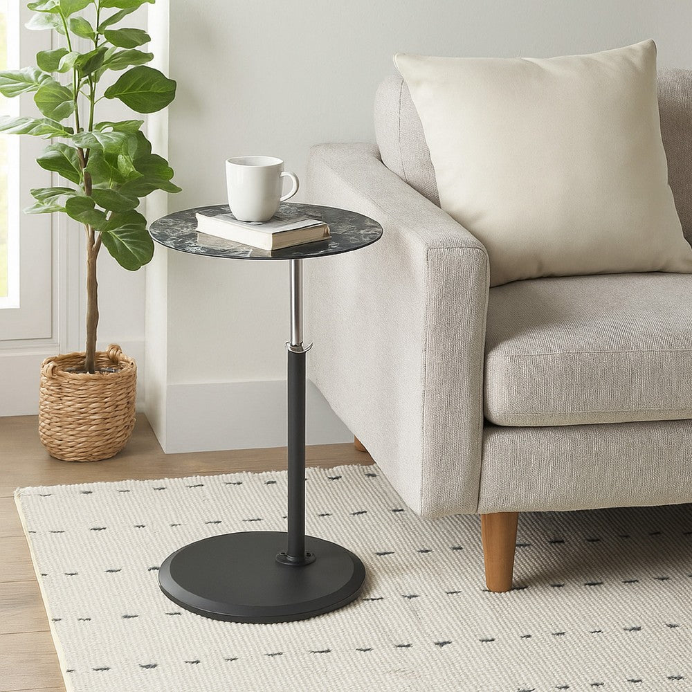 Ory Side End Table | 16" Round Black Glass Top w Adjustable Height