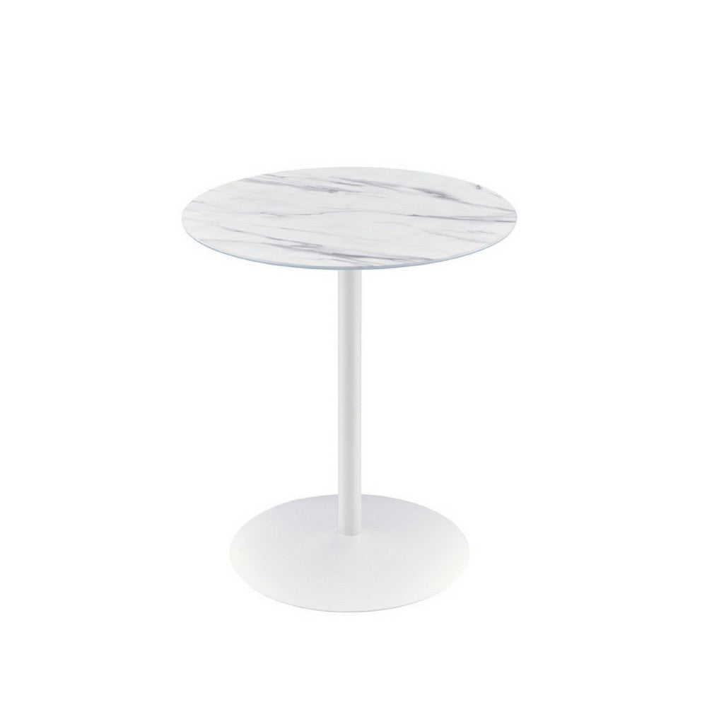 Ciry Side End Table | 18" Round Marble Glass Top | Steel Base | White