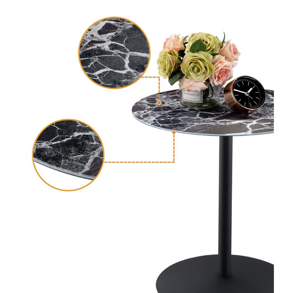 Ciry Side End Table | 18" Round Marble Glass Top | Steel Base | Black