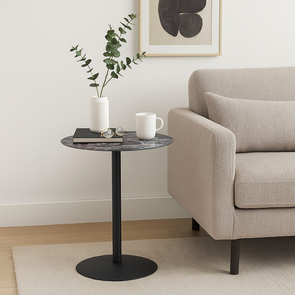 Ciry Side End Table | 18" Round Marble Glass Top | Steel Base | Black