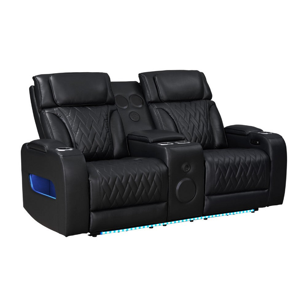 Jasi Power Reclining Loveseat w Cupholders | LED | Black Leather Aire