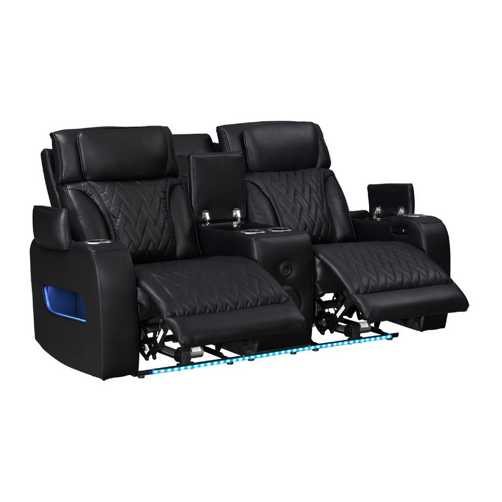 Jasi Power Reclining Loveseat w Cupholders | LED | Black Leather Aire
