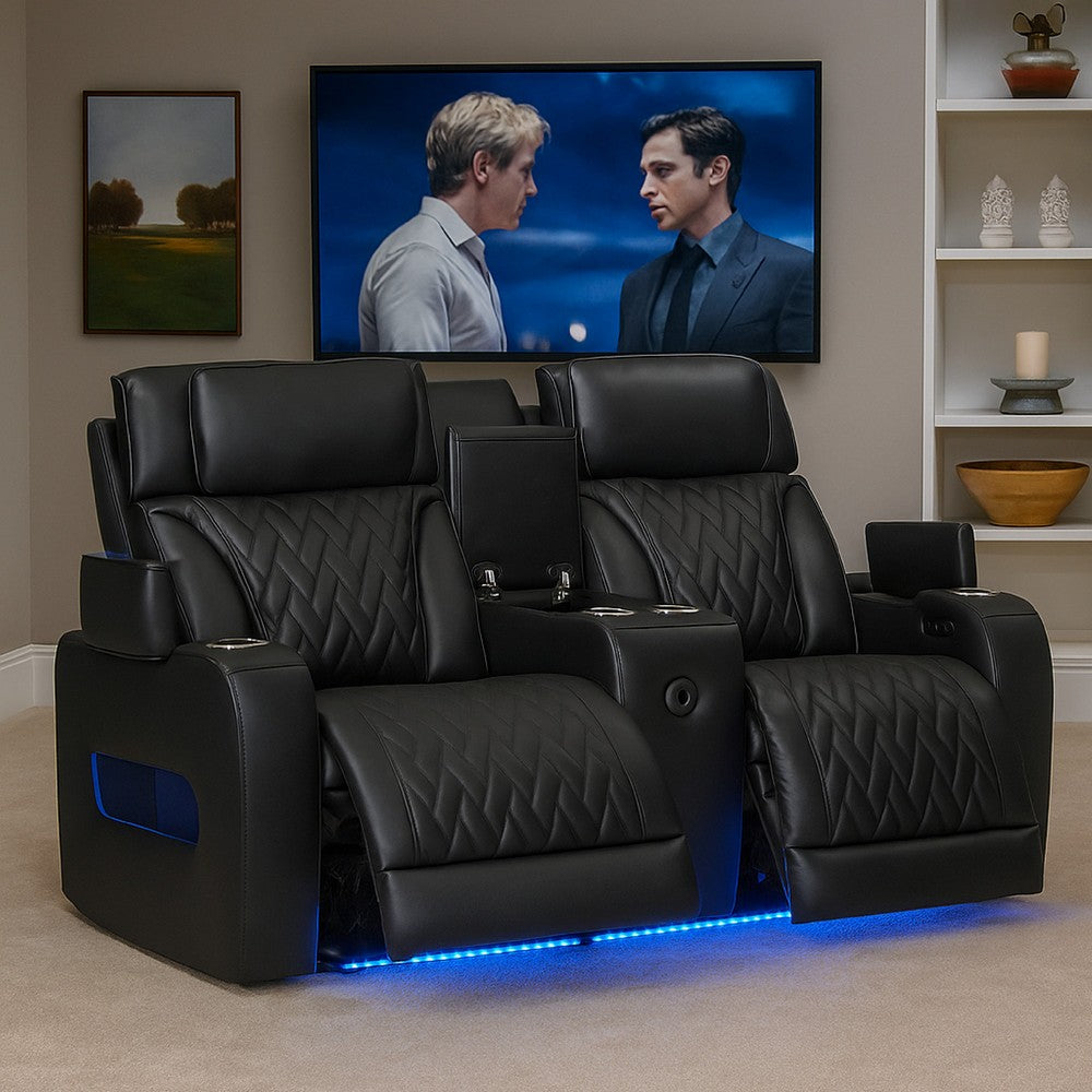 Jasi Power Reclining Loveseat w Cupholders | LED | Black Leather Aire