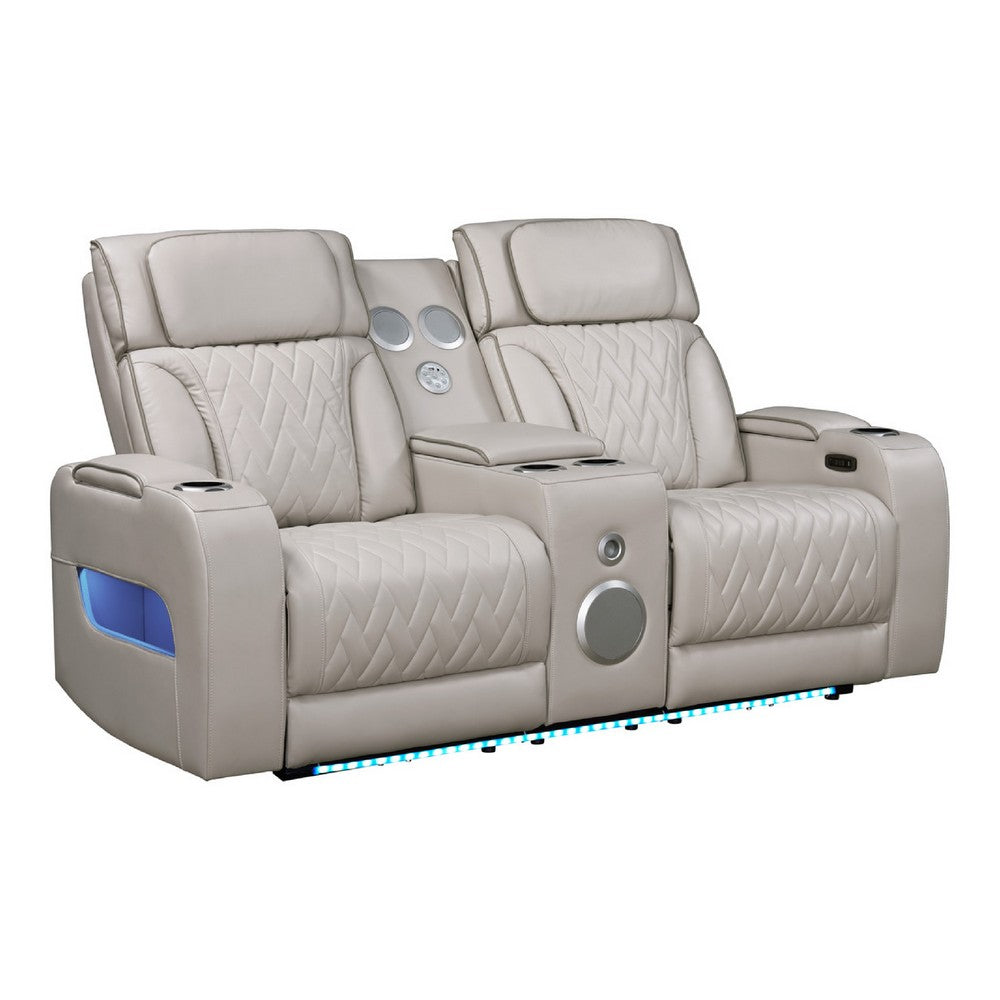 Jasi Power Reclining Loveseat w Cupholders | LED | White Leather Aire