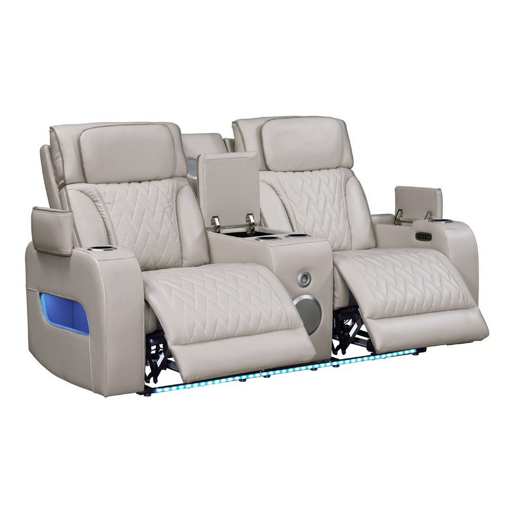 Jasi Power Reclining Loveseat w Cupholders | LED | White Leather Aire
