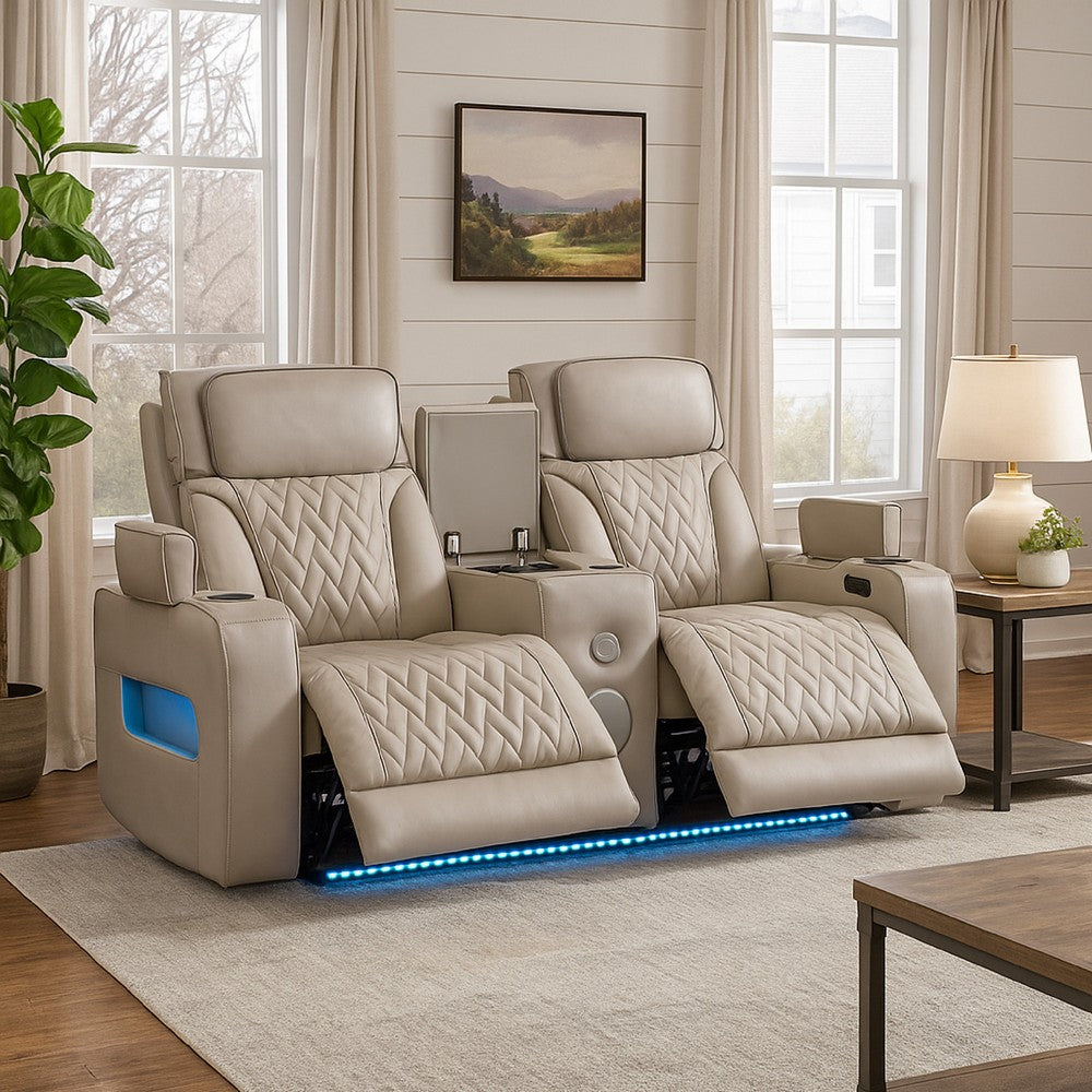 Jasi Power Reclining Loveseat w Cupholders | LED | White Leather Aire