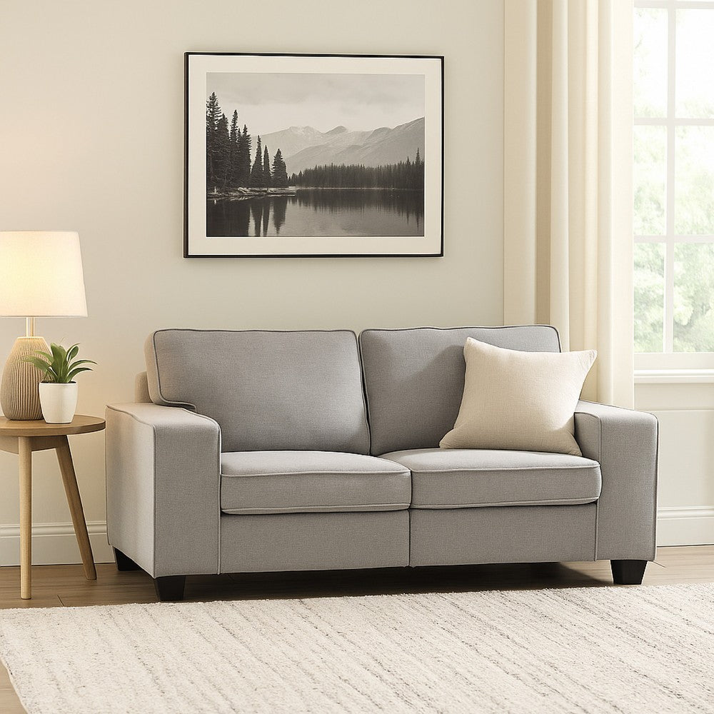 Inny Loveseat | 67" | 4 Throw Pillows | Light Gray Linen w Black Legs