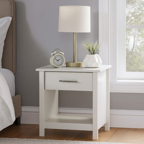 Kele Nightstand | 1 Drawer w Silver Handle | 1 Lower Open Shelf | White