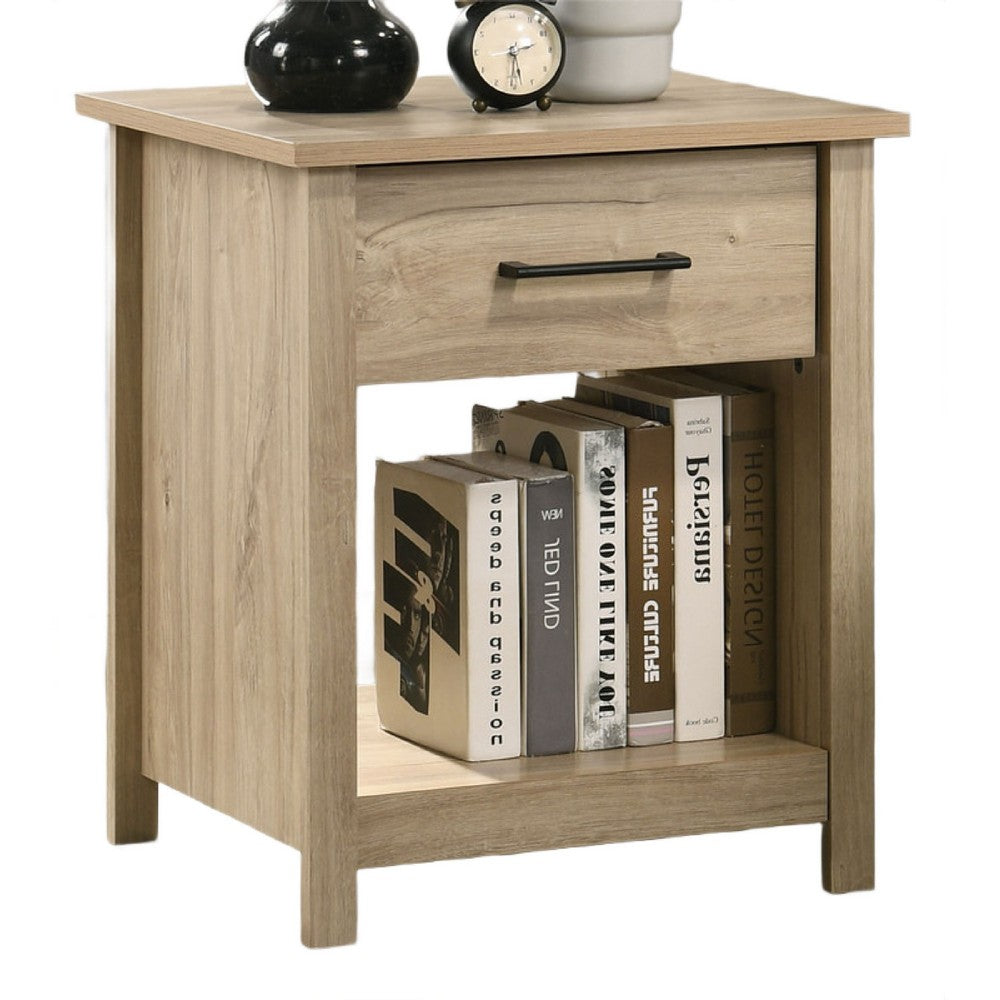 Kele Nightstand | 1 Drawer w Black Handle | 1 Shelf | Light Oak Brown