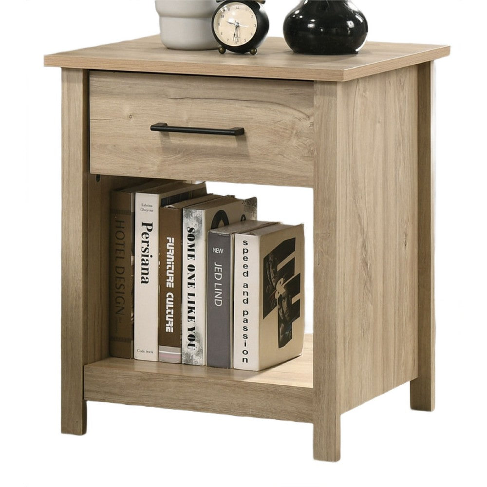 Kele Nightstand | 1 Drawer w Black Handle | 1 Shelf | Light Oak Brown