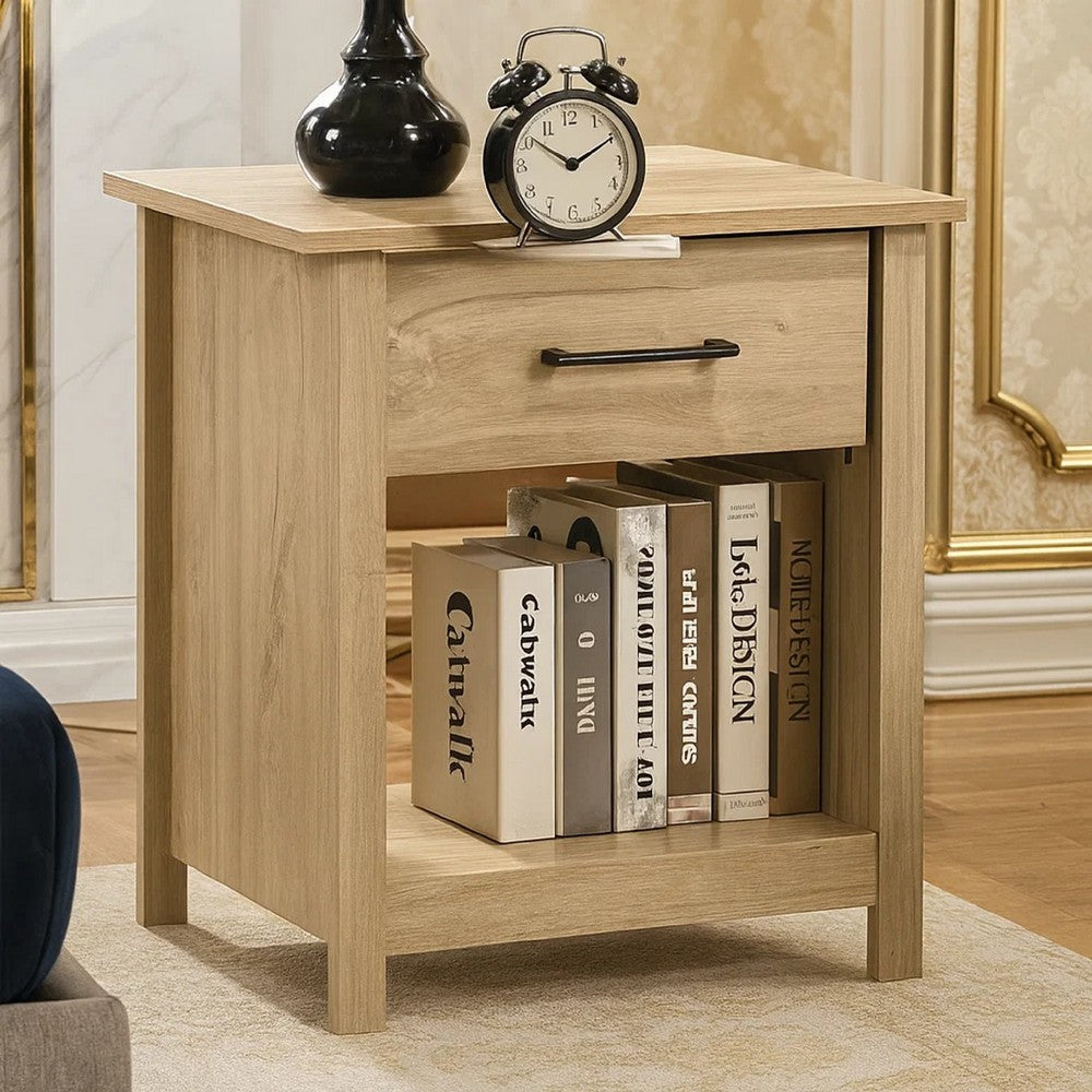 Kele Nightstand | 1 Drawer w Black Handle | 1 Shelf | Light Oak Brown