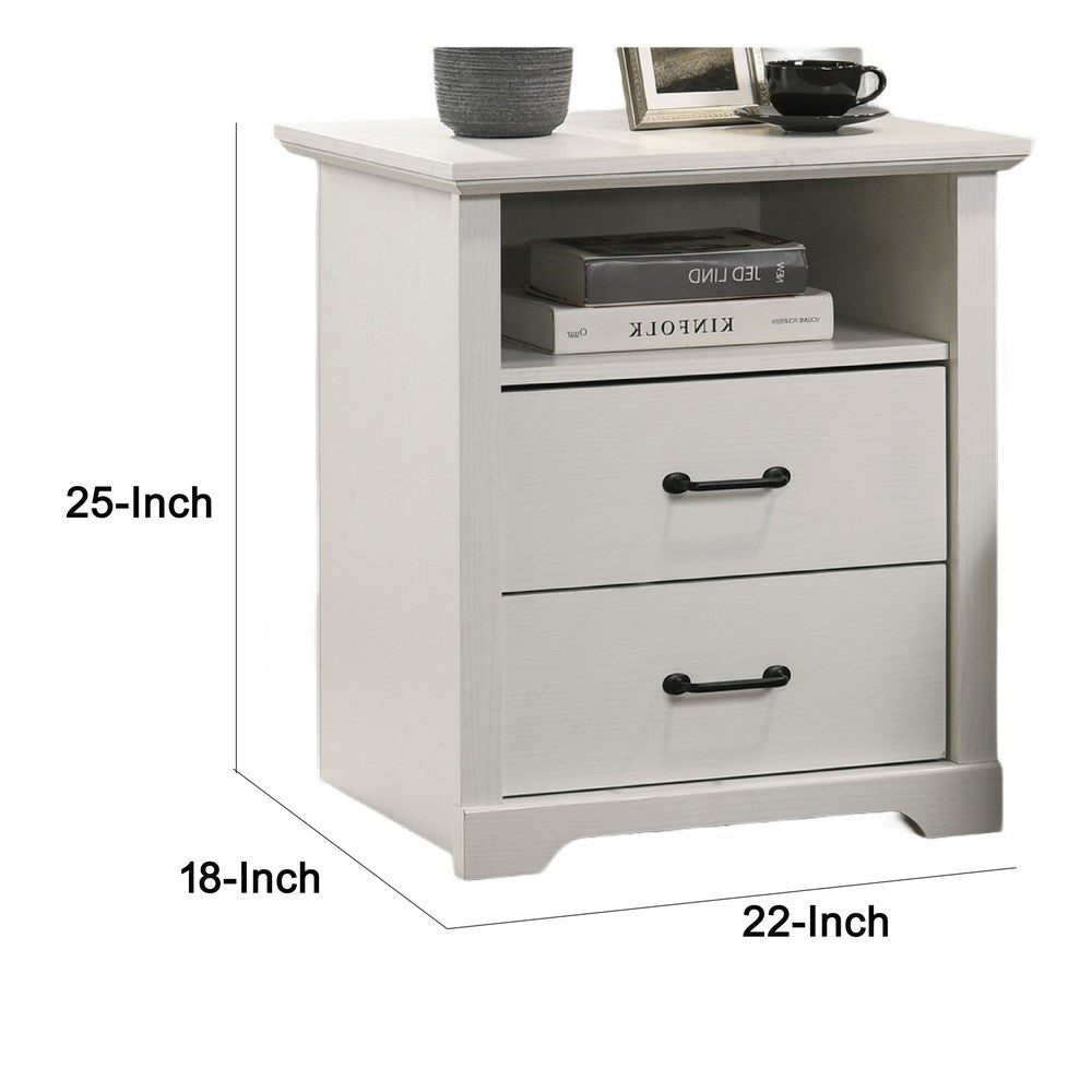 Lara Nightstand | 2 Drawers w 1 Top Open Shelf & USB Ports | White