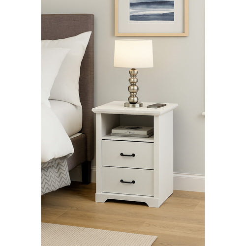 Lara Nightstand | 2 Drawers w 1 Top Open Shelf & USB Ports | White