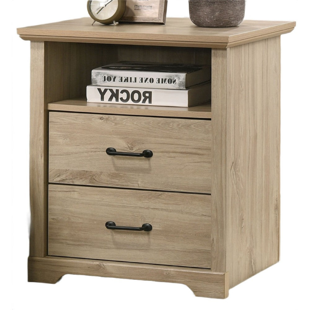 Lara Nightstand | 2 Drawers | Top Open Shelf | USB Ports | Light Oak Brown