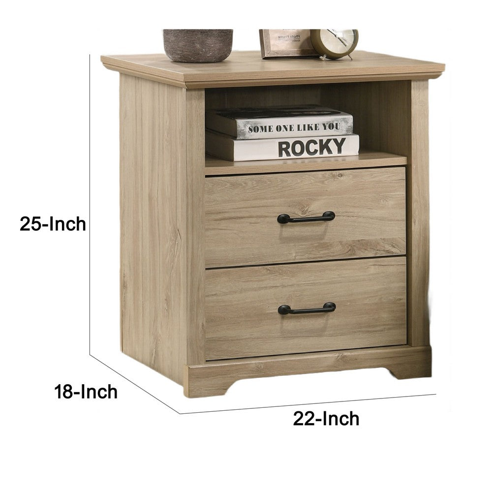 Lara Nightstand | 2 Drawers | Top Open Shelf | USB Ports | Light Oak Brown