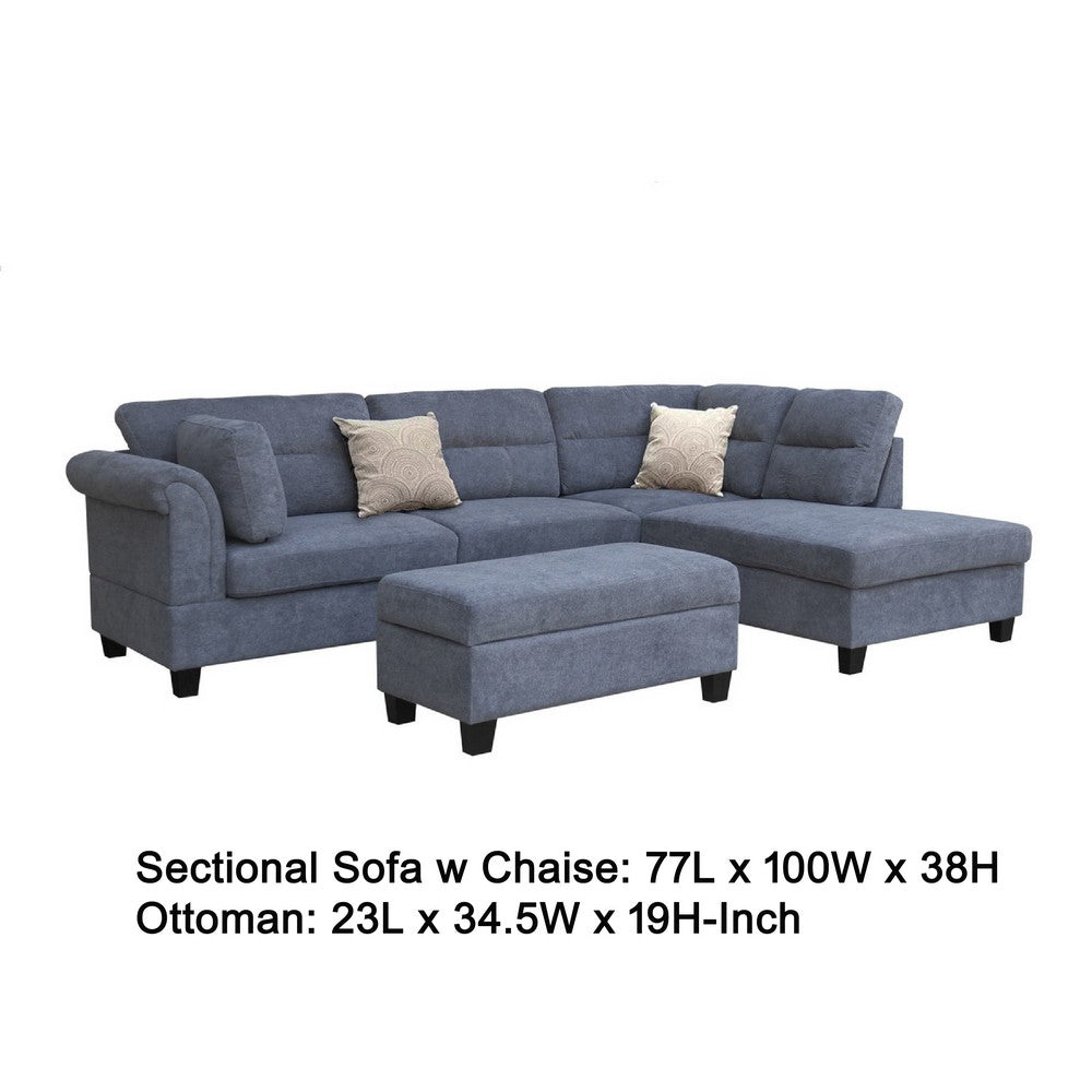Ari 100" Sectional Sofa Set w Storage Ottoman | 2 Pillows | Gray
