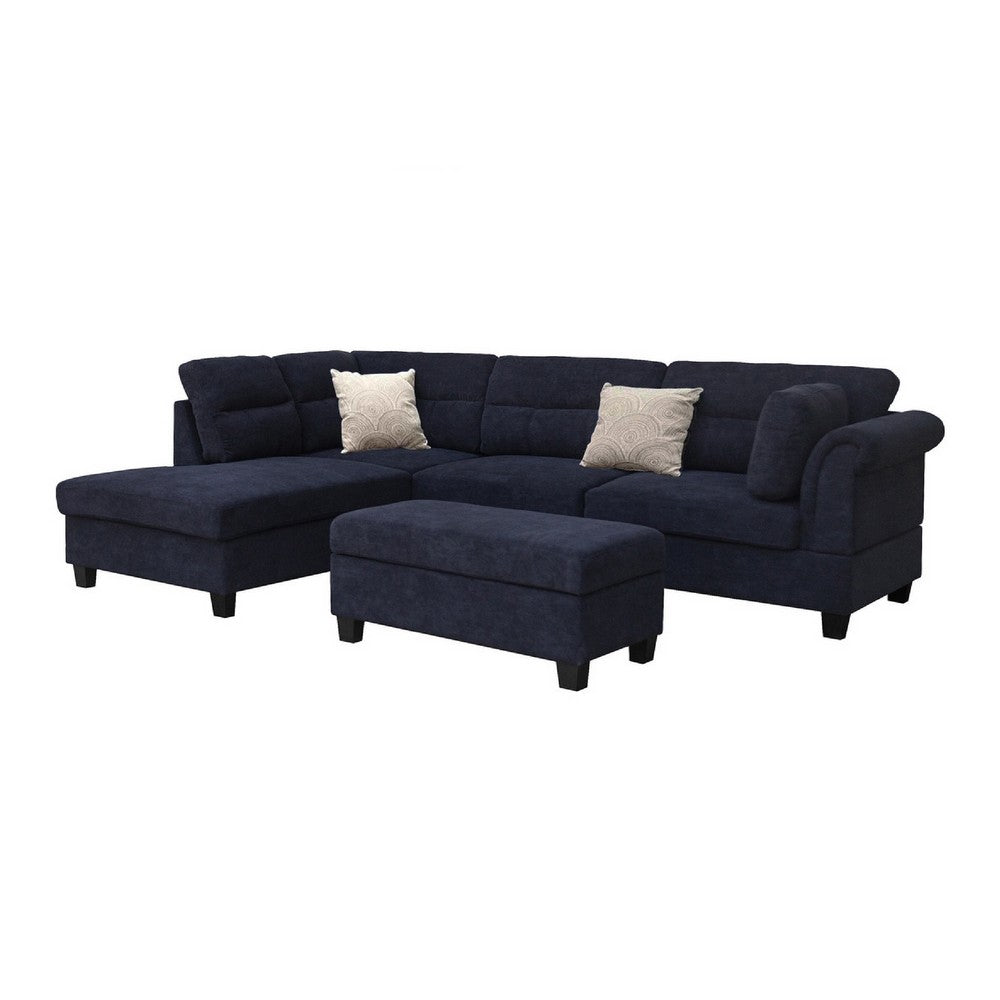 Ari 100" Sectional Sofa Set w Storage Ottoman | Black Tufted Back | 2 Pillows