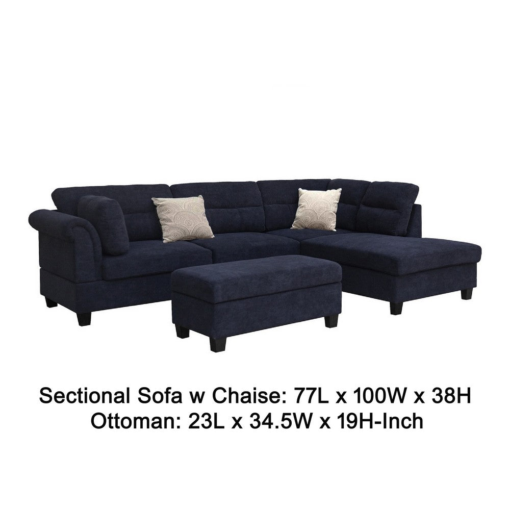 Ari 100" Sectional Sofa Set w Storage Ottoman | Black Tufted Back | 2 Pillows