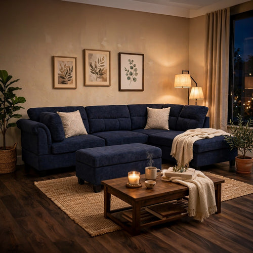 Ari 100" Sectional Sofa Set w Storage Ottoman | Black Tufted Back | 2 Pillows