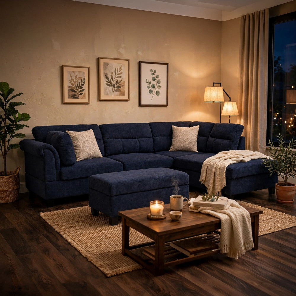 Ari 100" Sectional Sofa Set w Storage Ottoman | Black Tufted Back | 2 Pillows