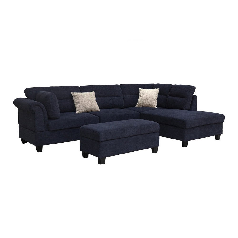 Ari 100" Sectional Sofa Set w Storage Ottoman | Black Tufted Back | 2 Pillows