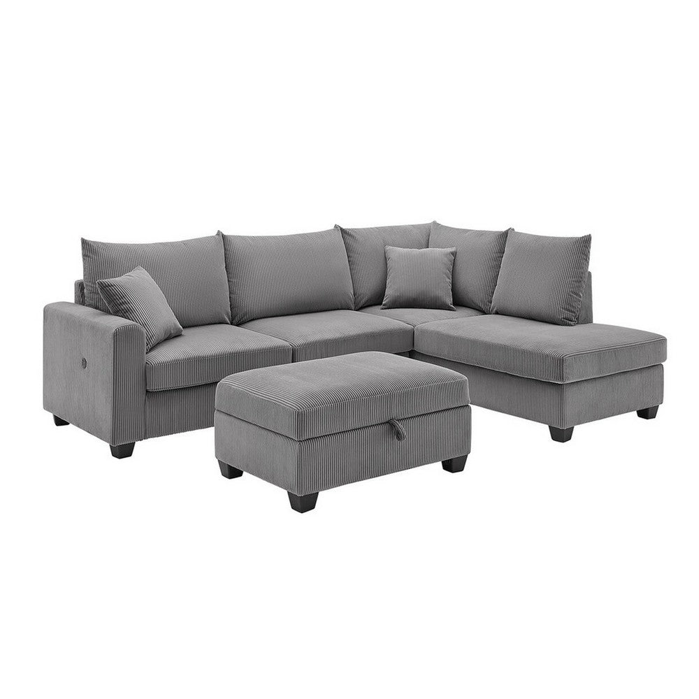 Roe 107" Sectional Sofa Set w Storage Ottoman | Pillows | Dark Gray Corduroy