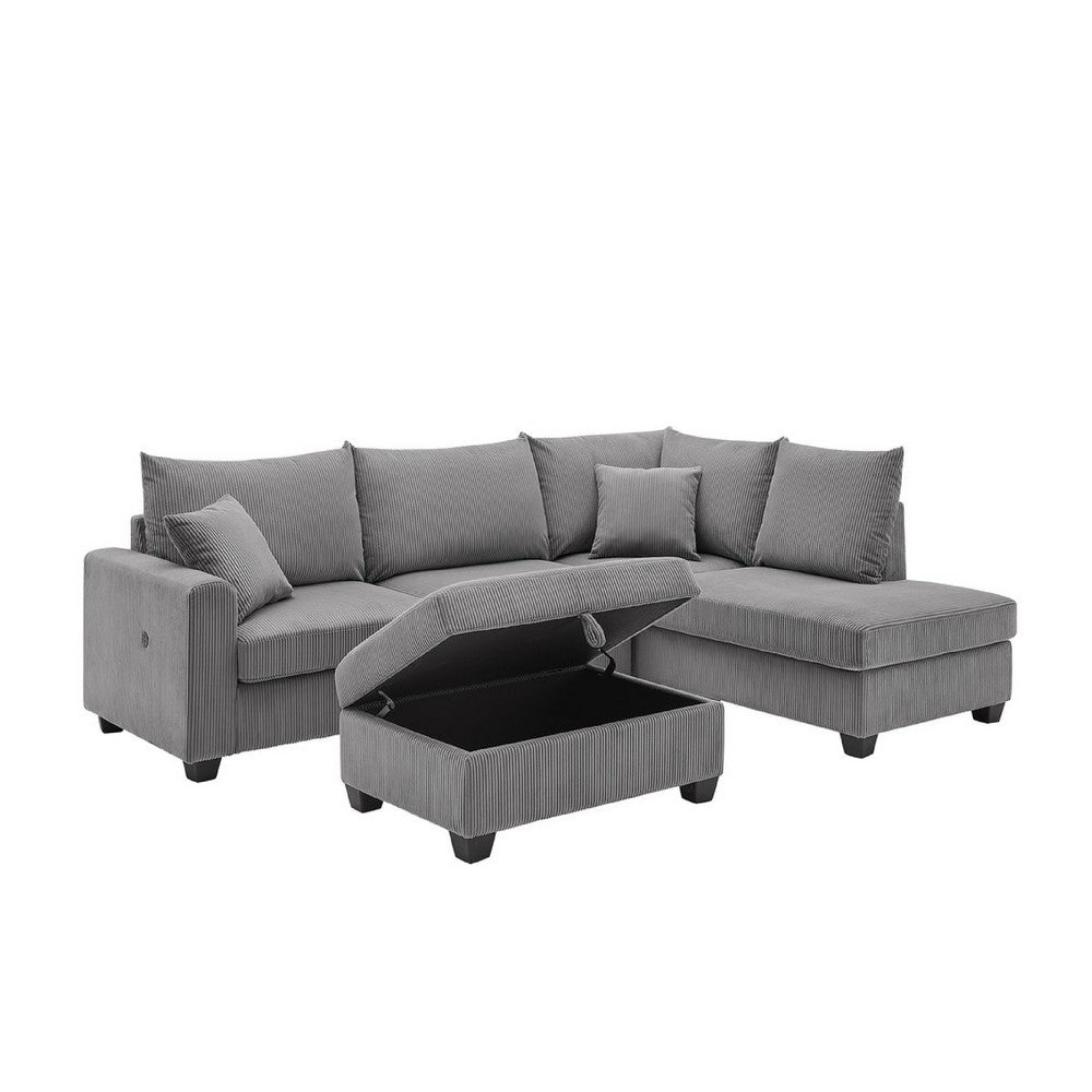 Roe 107" Sectional Sofa Set w Storage Ottoman | Pillows | Dark Gray Corduroy
