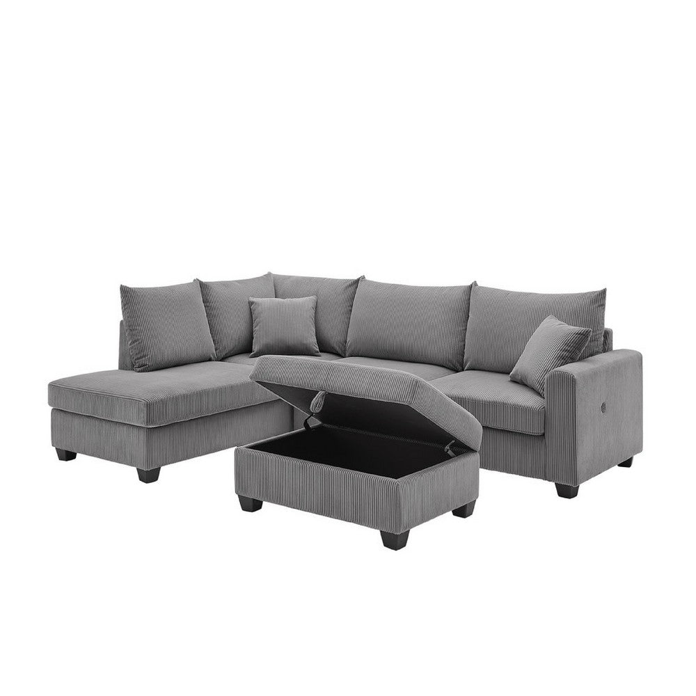 Roe 107" Sectional Sofa Set w Storage Ottoman | Pillows | Dark Gray Corduroy