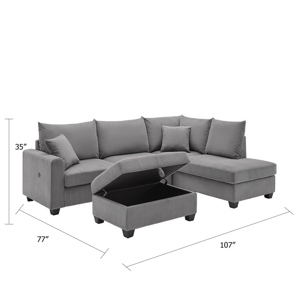 Roe 107" Sectional Sofa Set w Storage Ottoman | Pillows | Dark Gray Corduroy