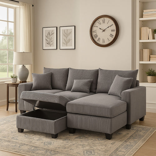 Roe 107" Sectional Sofa Set w Storage Ottoman | Pillows | Dark Gray Corduroy