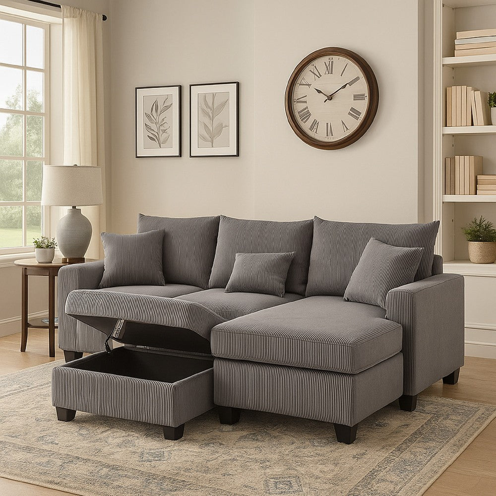 Roe 107" Sectional Sofa Set w Storage Ottoman | Pillows | Dark Gray Corduroy