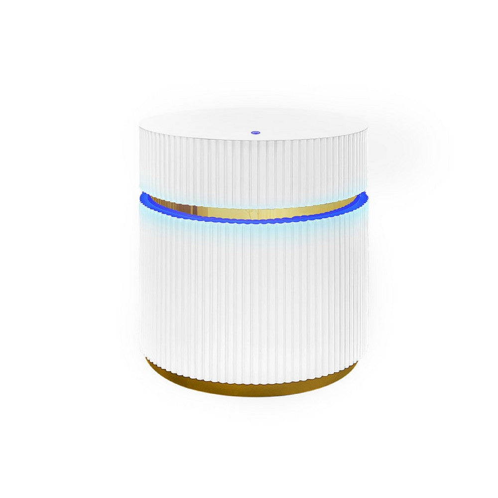 Tavi Side End Table | 20" Round Glass Top | Gold Brim w LED | White