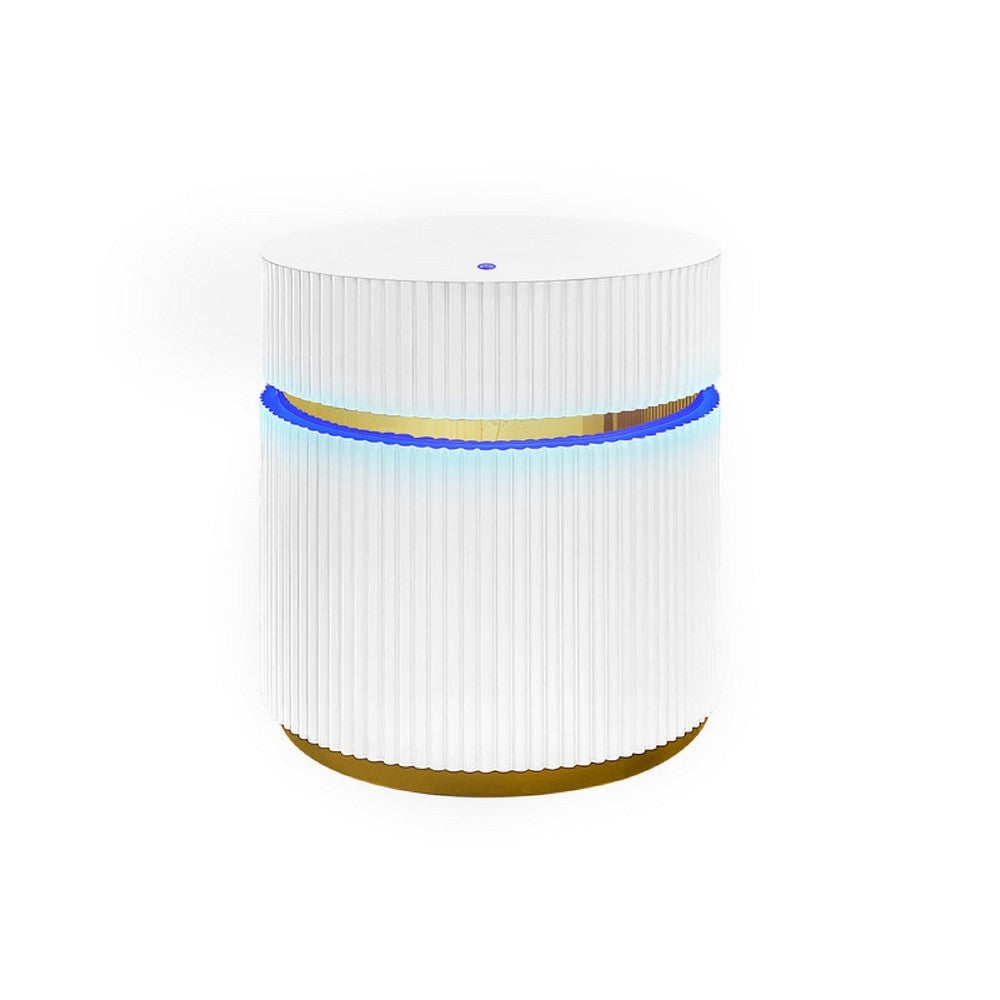 Tavi Side End Table | 20" Round Glass Top | Gold Brim w LED | White