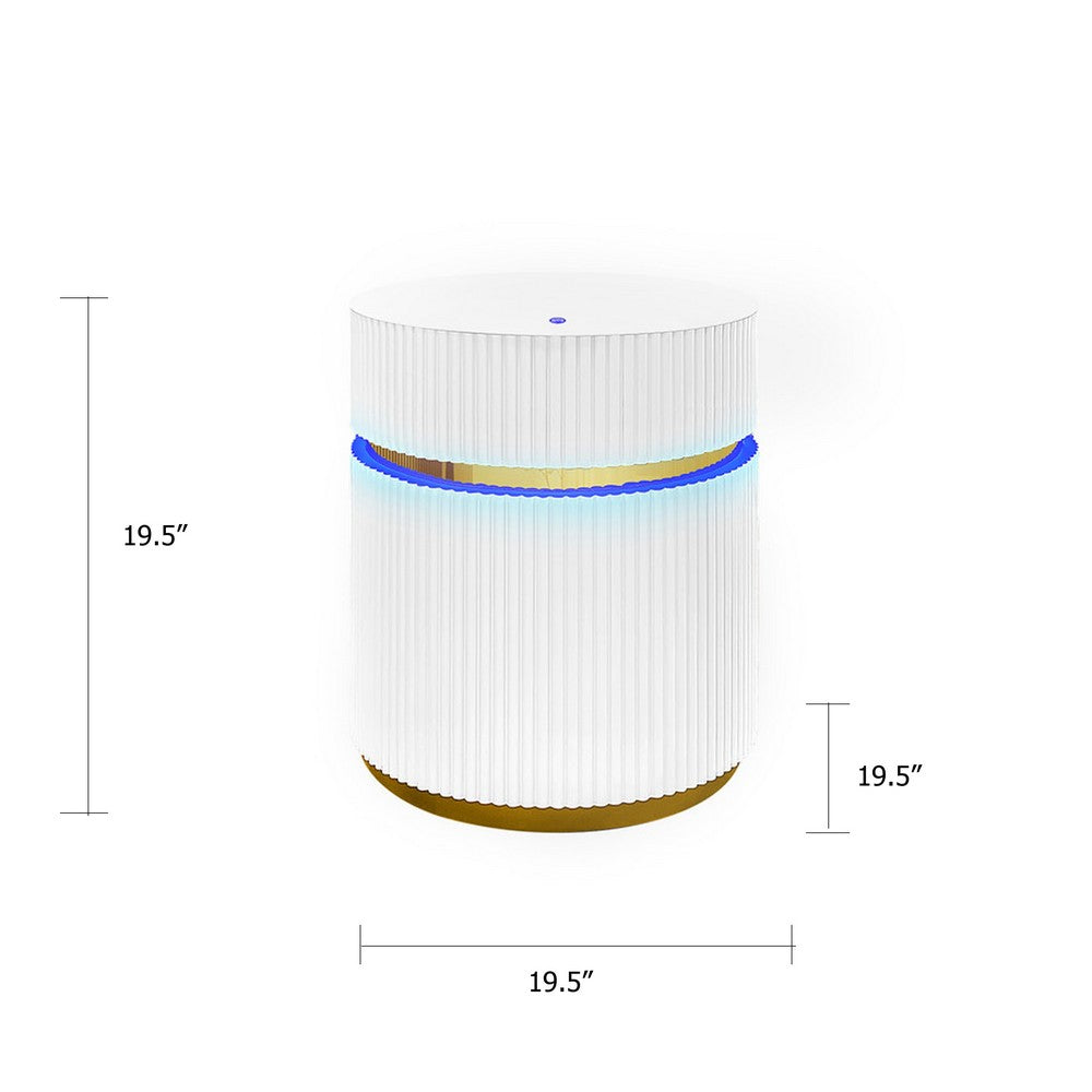 Tavi Side End Table | 20" Round Glass Top | Gold Brim w LED | White
