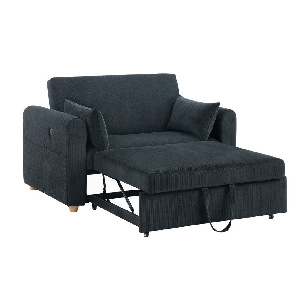 Mea 55" Convertible Sleeper Loveseat | 2 Pillows | USB | Black Corduroy