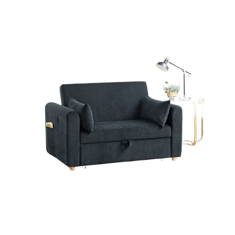 Mea 55" Convertible Sleeper Loveseat | 2 Pillows | USB | Black Corduroy