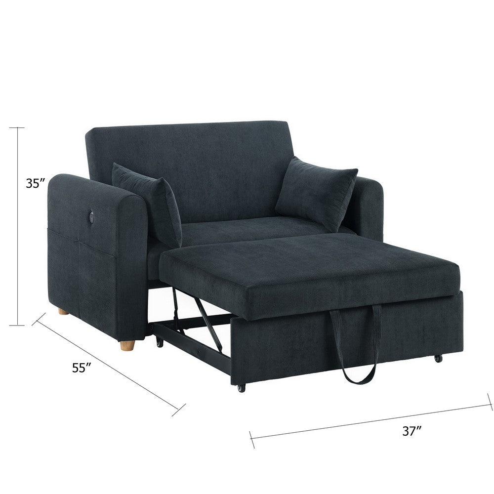 Mea 55" Convertible Sleeper Loveseat | 2 Pillows | USB | Black Corduroy