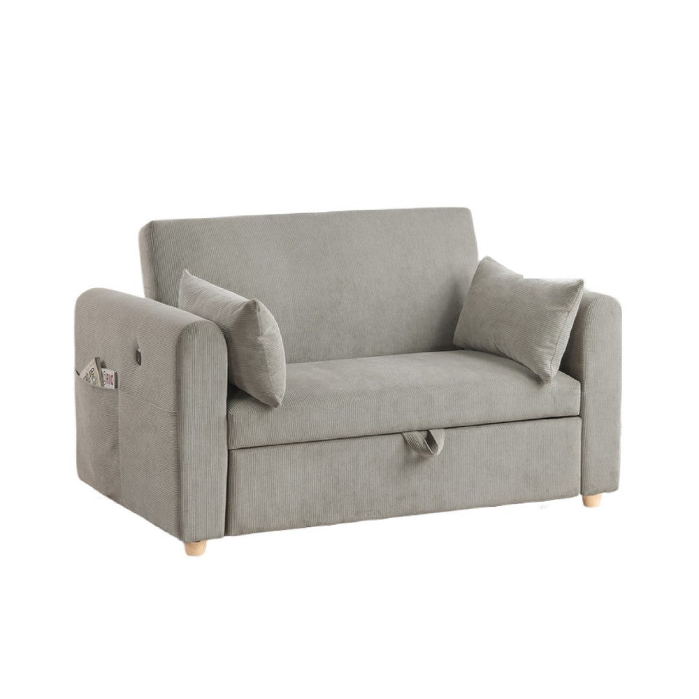 Mea 55" Convertible Sleeper Loveseat | 2 Pillows | USB | Gray Corduroy