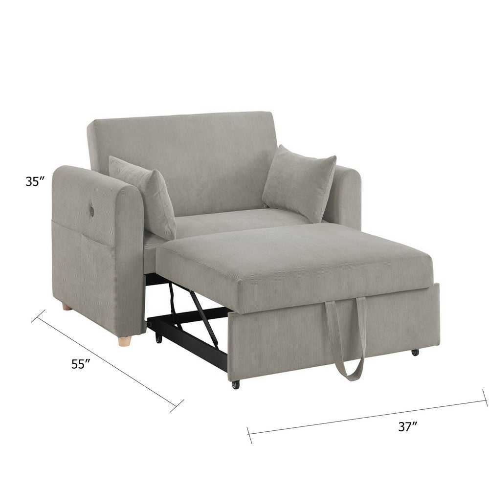 Mea 55" Convertible Sleeper Loveseat | 2 Pillows | USB | Gray Corduroy