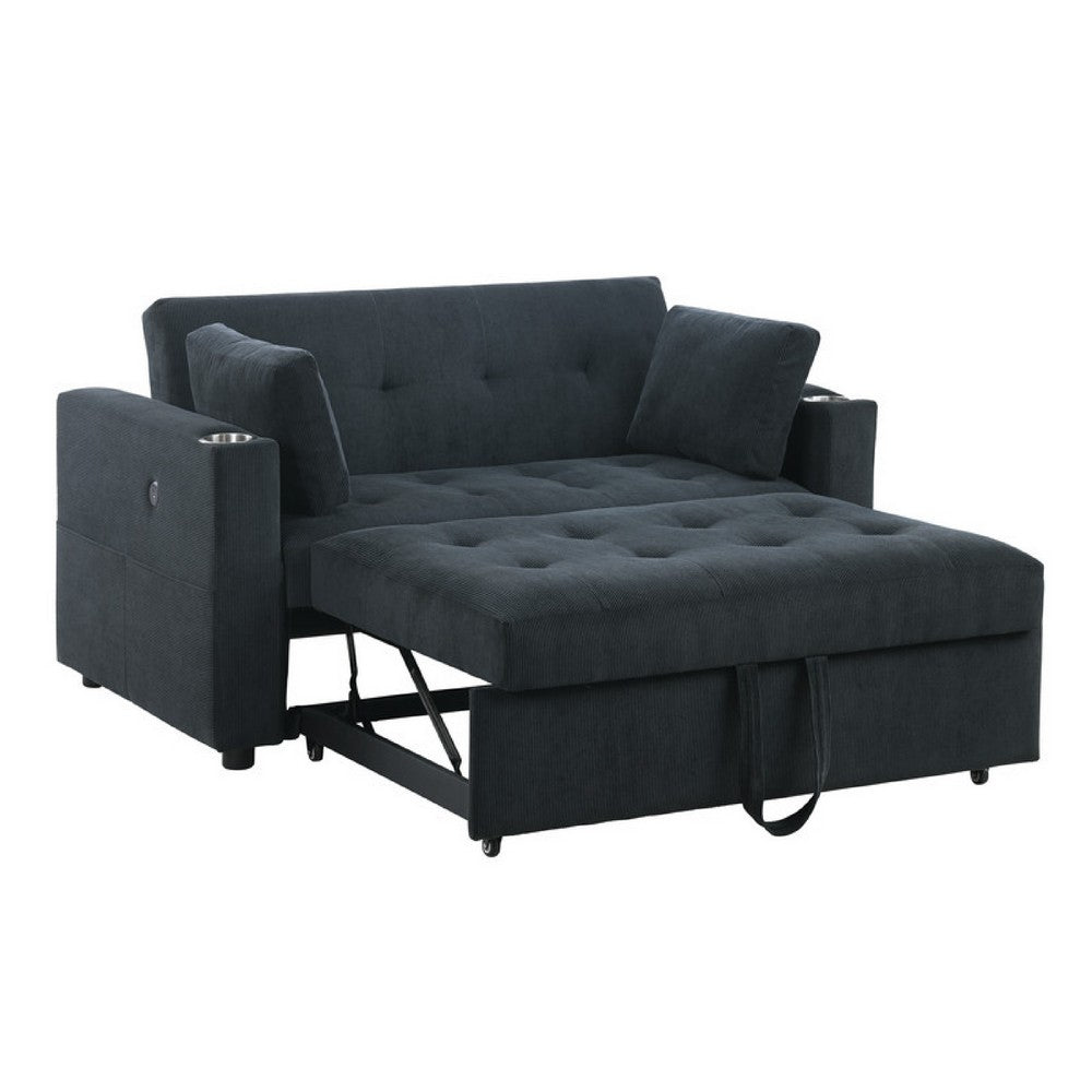 Lea 57" Convertible Sleeper Loveseat | 2 Pillows | Black Corduroy Tufting
