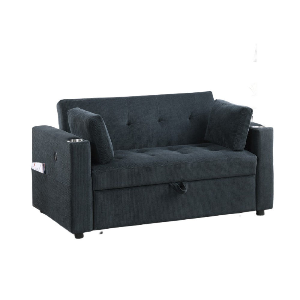 Lea 57" Convertible Sleeper Loveseat | 2 Pillows | Black Corduroy Tufting