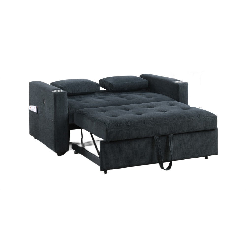 Lea 57" Convertible Sleeper Loveseat | 2 Pillows | Black Corduroy Tufting