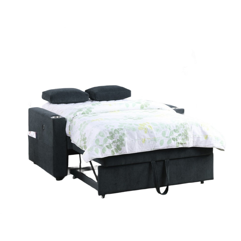 Lea 57" Convertible Sleeper Loveseat | 2 Pillows | Black Corduroy Tufting