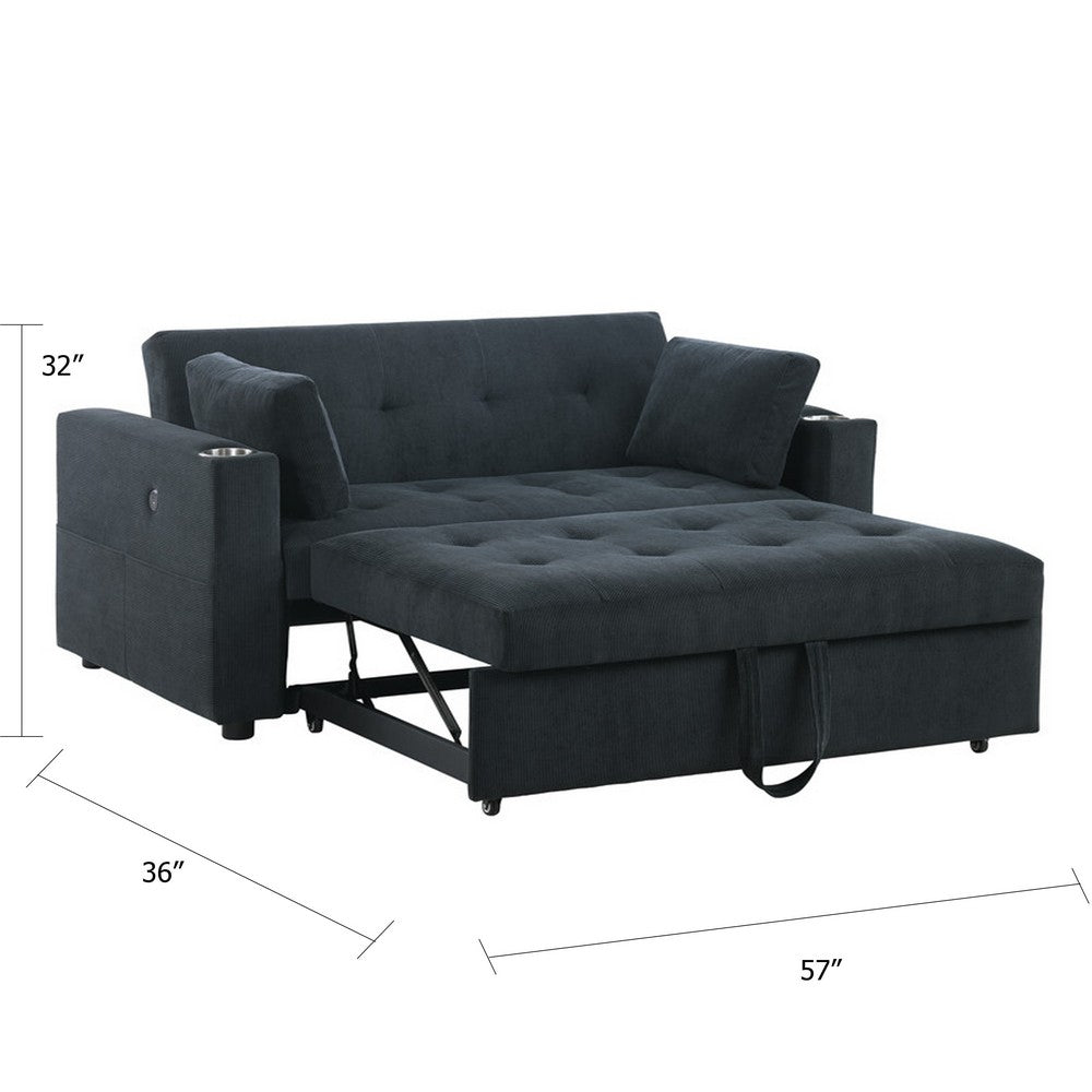 Lea 57" Convertible Sleeper Loveseat | 2 Pillows | Black Corduroy Tufting